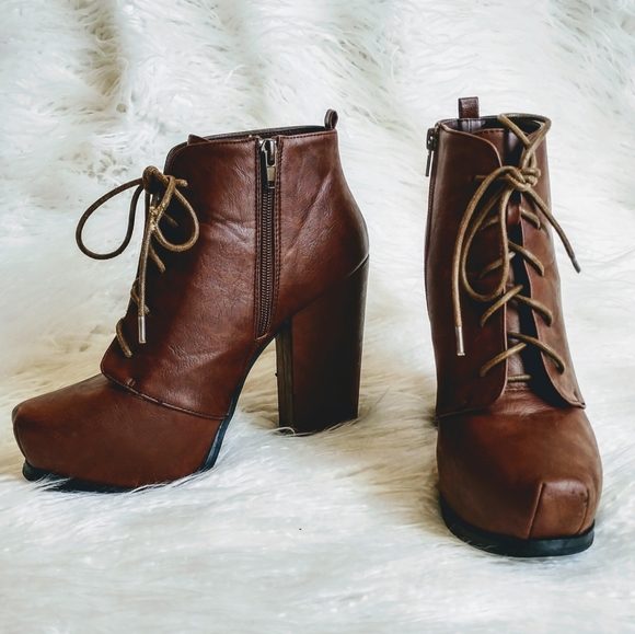 Charlotte Russe Shoes - Faux Leather Chunky Heel Platform Lace Up Booties